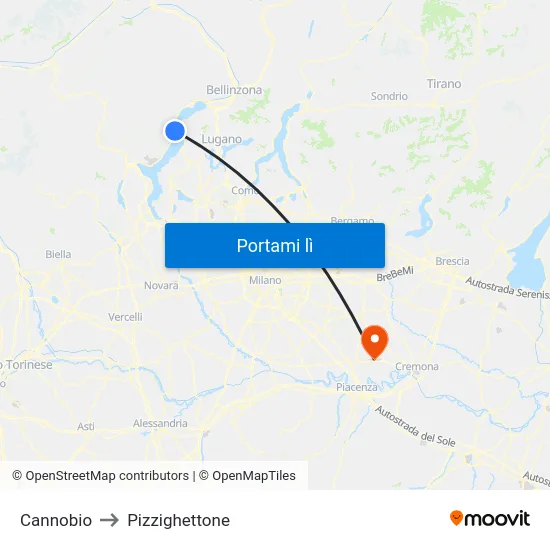 Cannobio to Pizzighettone map