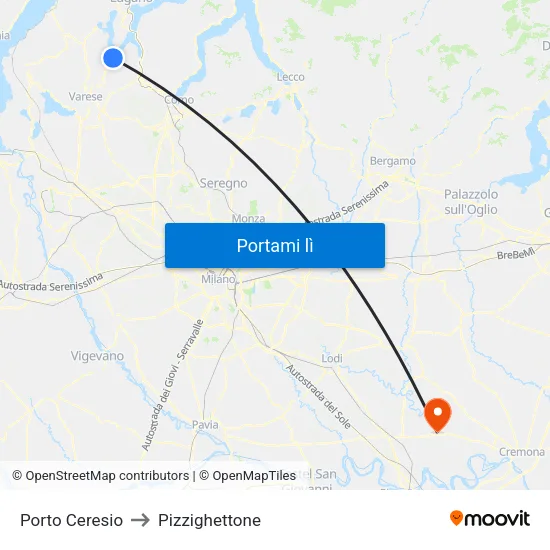 Porto Ceresio to Pizzighettone map
