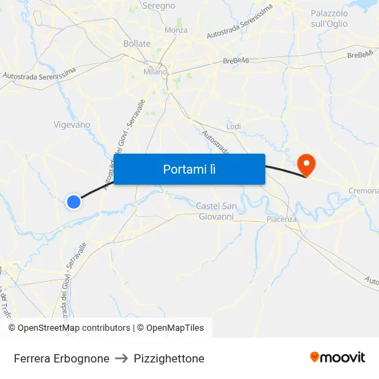 Ferrera Erbognone to Pizzighettone map