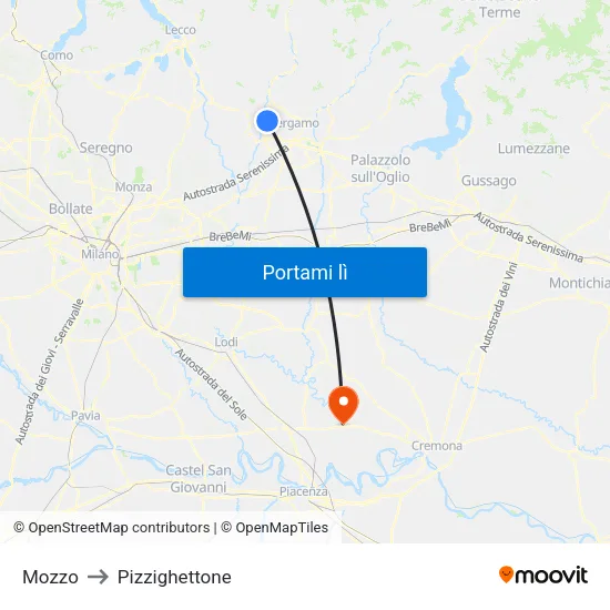 Mozzo to Pizzighettone map