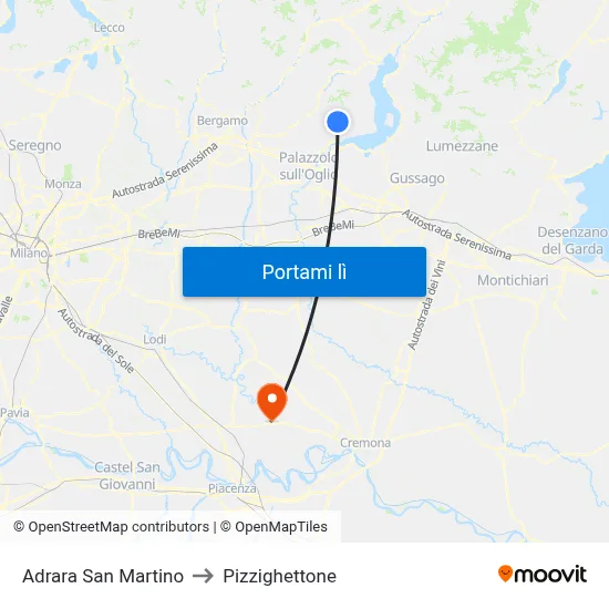 Adrara San Martino to Pizzighettone map