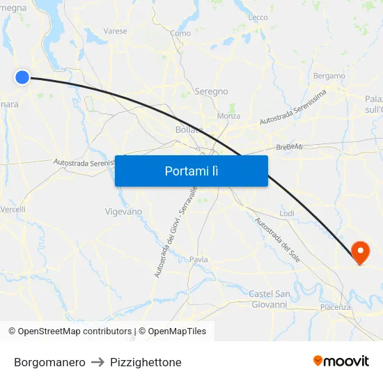 Borgomanero to Pizzighettone map