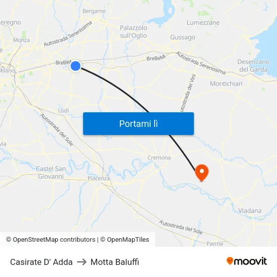 Casirate D' Adda to Motta Baluffi map
