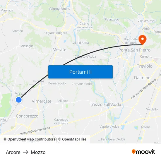 Arcore to Mozzo map