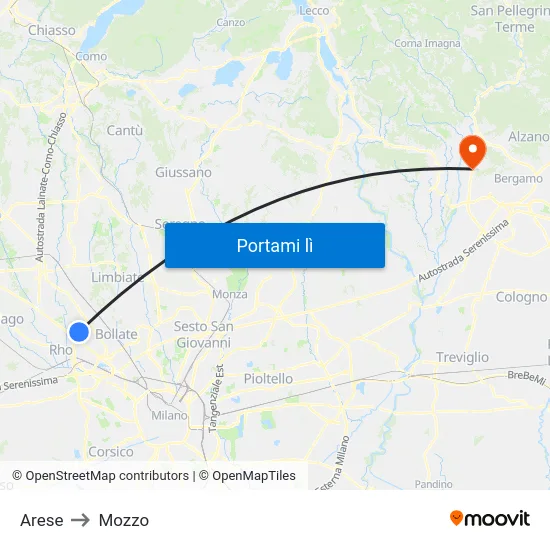 Arese to Mozzo map