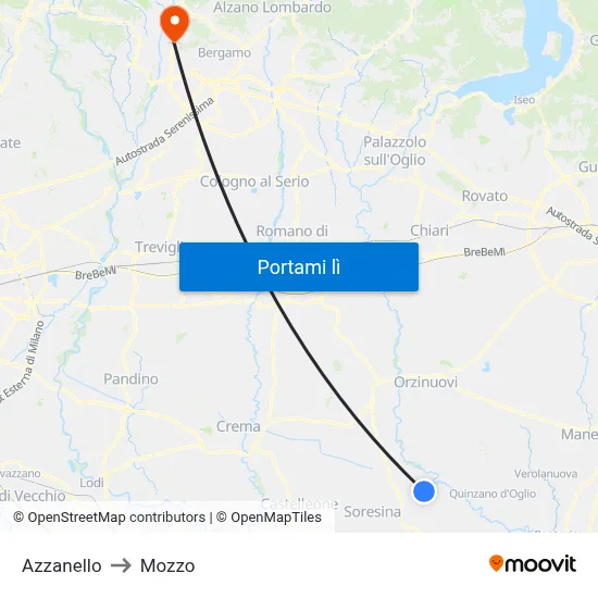 Azzanello to Mozzo map