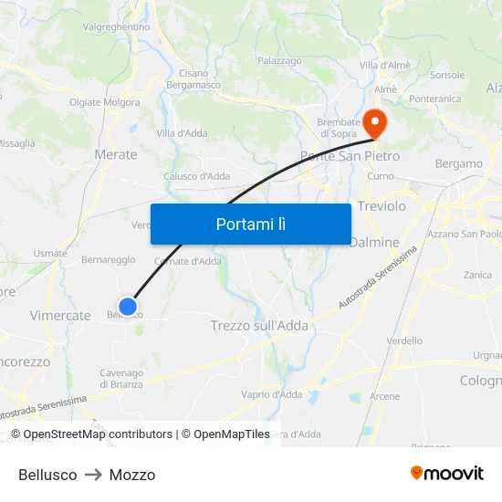 Bellusco to Mozzo map