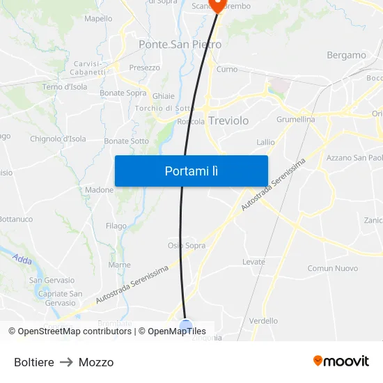 Boltiere to Mozzo map