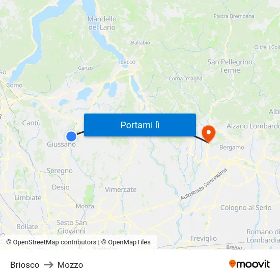 Briosco to Mozzo map