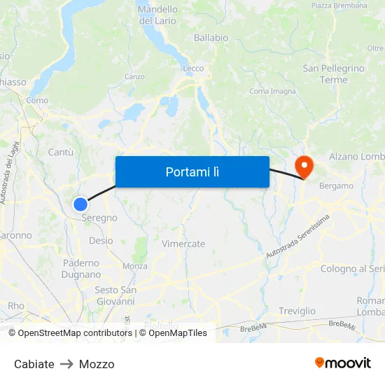 Cabiate to Mozzo map
