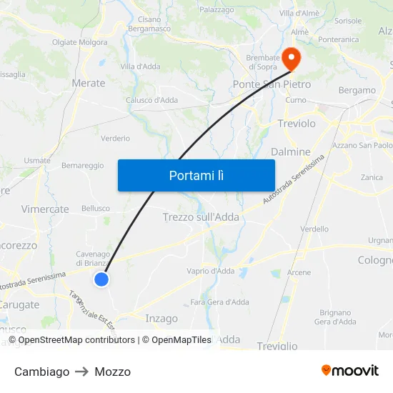 Cambiago to Mozzo map