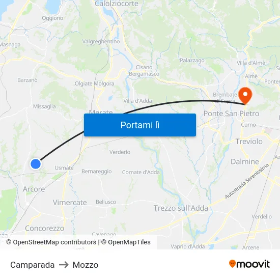 Camparada to Mozzo map