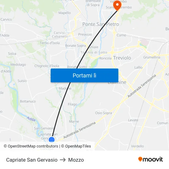 Capriate San Gervasio to Mozzo map