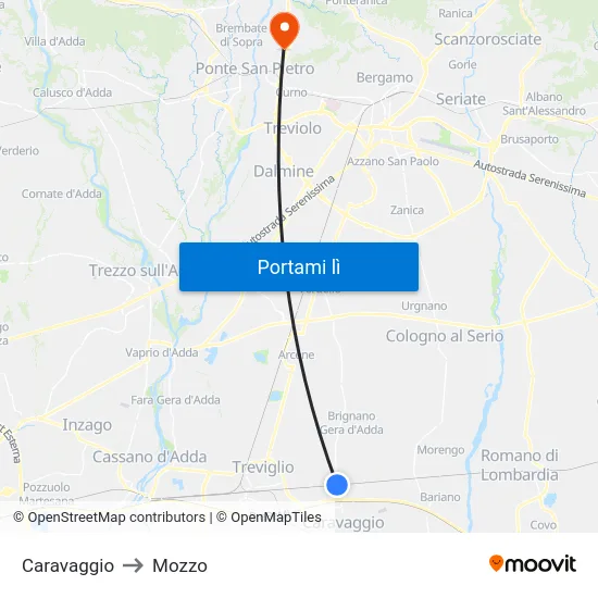 Caravaggio to Mozzo map