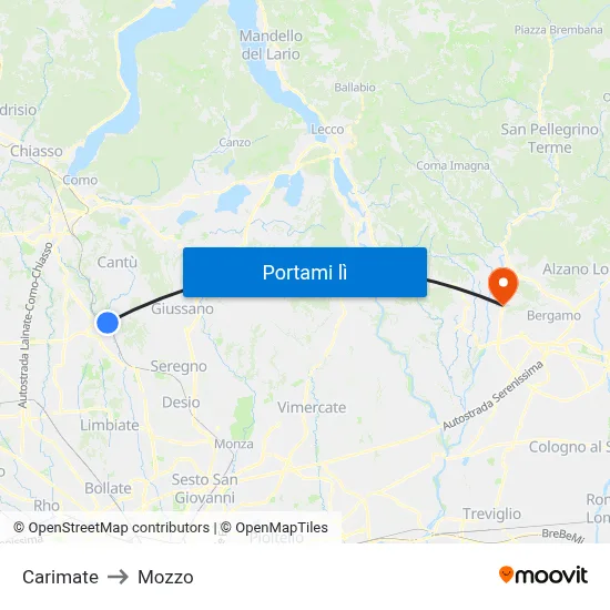 Carimate to Mozzo map