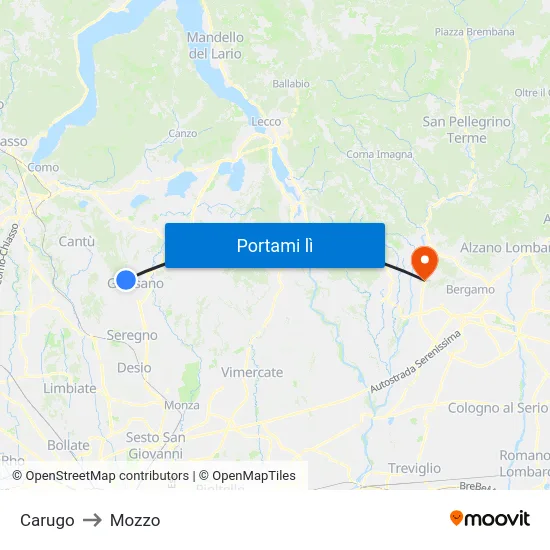 Carugo to Mozzo map