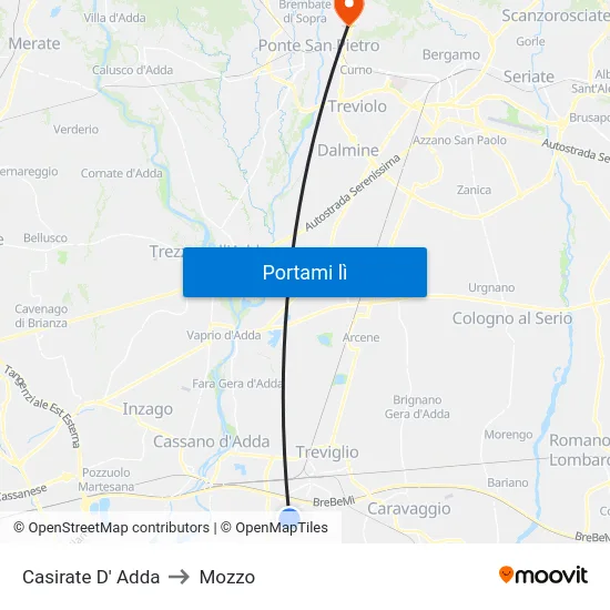 Casirate D' Adda to Mozzo map