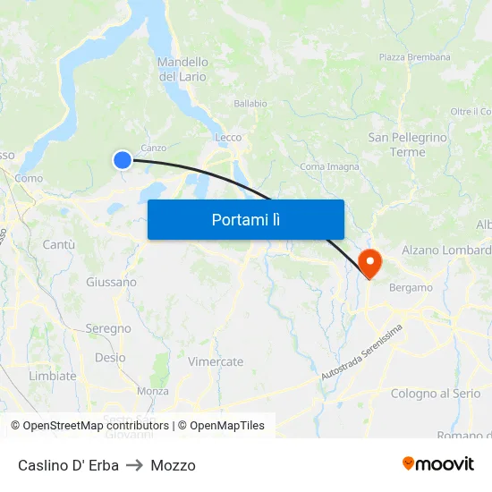 Caslino D' Erba to Mozzo map