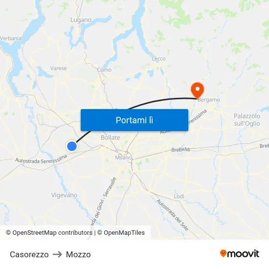 Casorezzo to Mozzo map