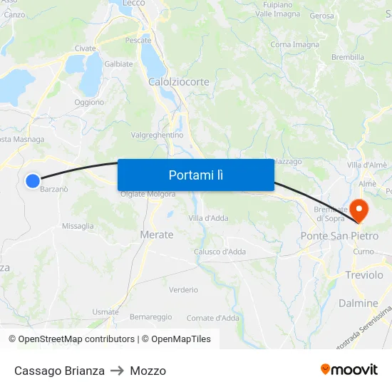 Cassago Brianza to Mozzo map