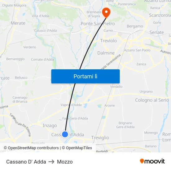 Cassano D' Adda to Mozzo map
