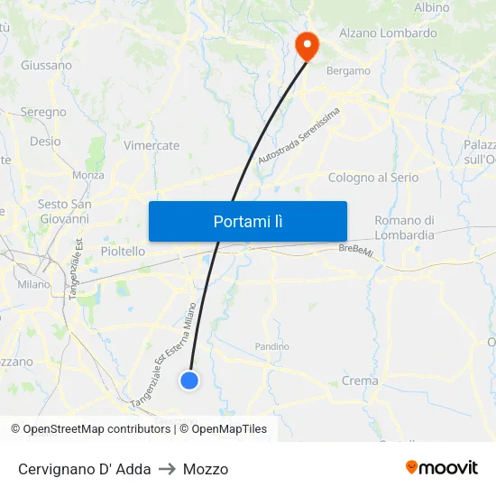Cervignano D' Adda to Mozzo map