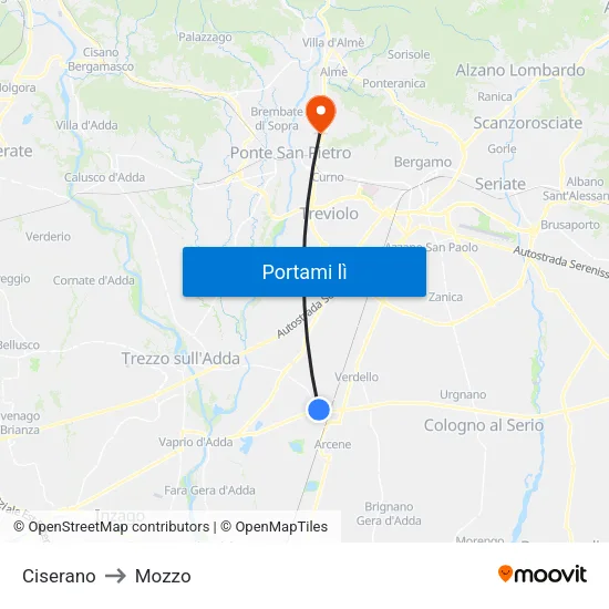 Ciserano to Mozzo map