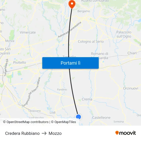 Credera Rubbiano to Mozzo map