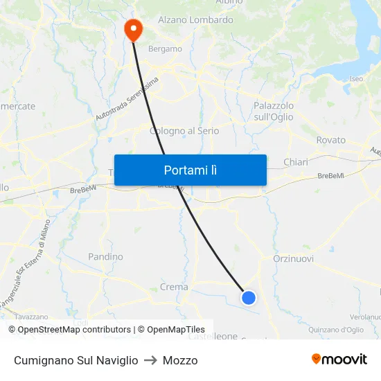 Cumignano Sul Naviglio to Mozzo map