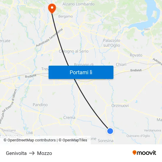 Genivolta to Mozzo map