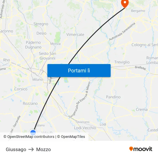 Giussago to Mozzo map