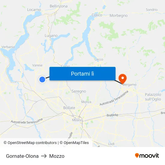 Gornate-Olona to Mozzo map