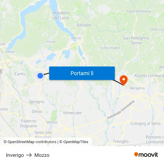 Inverigo to Mozzo map