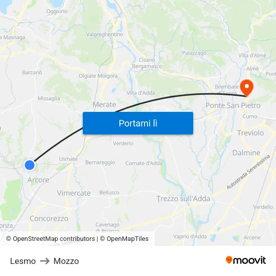 Lesmo to Mozzo map