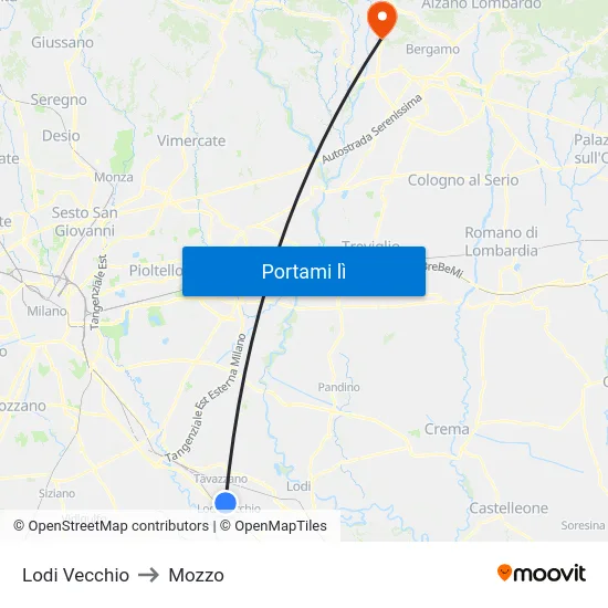 Lodi Vecchio to Mozzo map