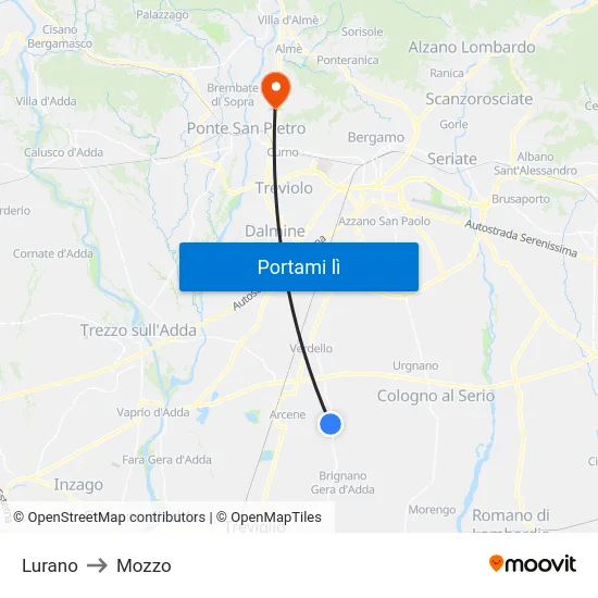 Lurano to Mozzo map