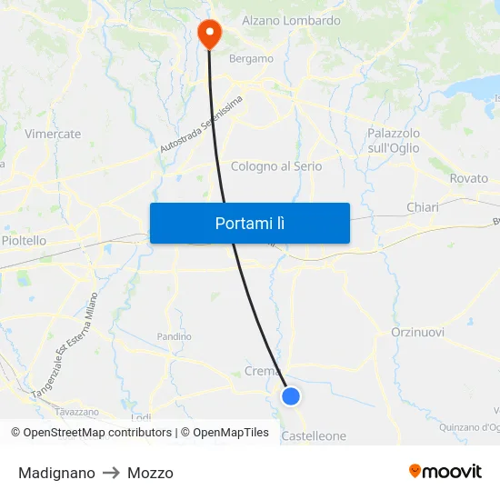 Madignano to Mozzo map