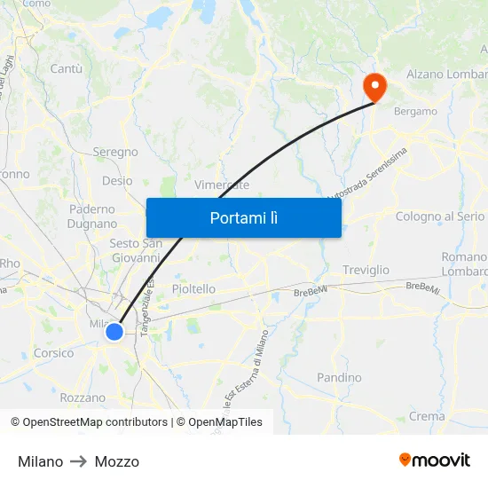 Milano to Mozzo map