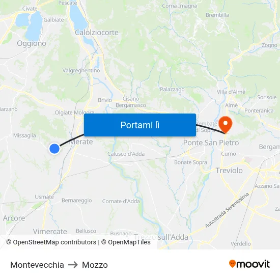 Montevecchia to Mozzo map
