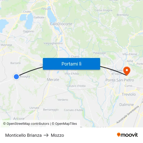 Monticello Brianza to Mozzo map