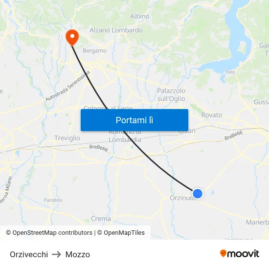 Orzivecchi to Mozzo map