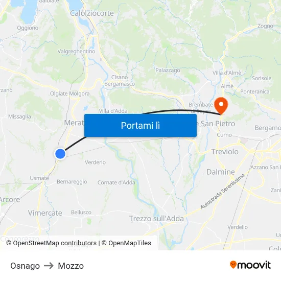 Osnago to Mozzo map