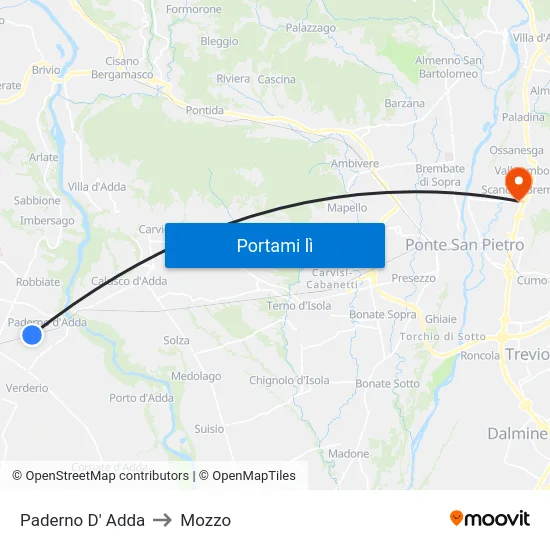 Paderno D' Adda to Mozzo map