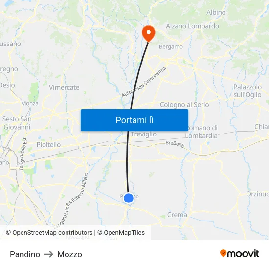 Pandino to Mozzo map