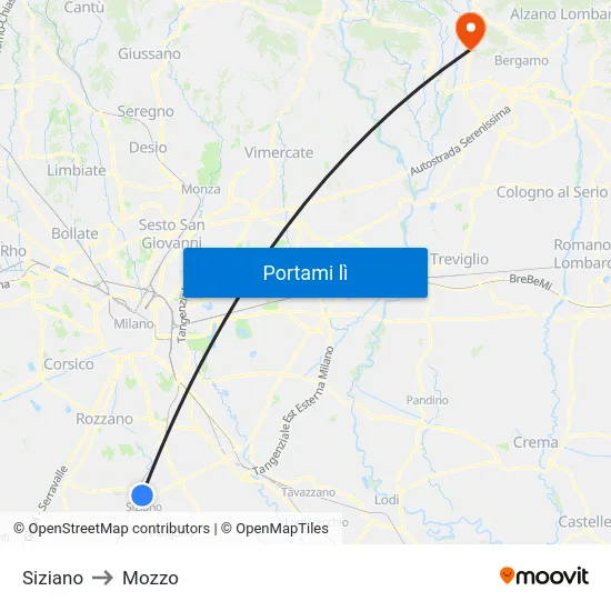 Siziano to Mozzo map