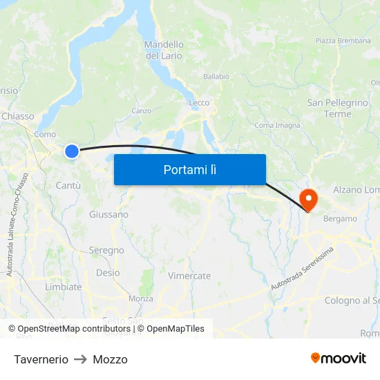 Tavernerio to Mozzo map