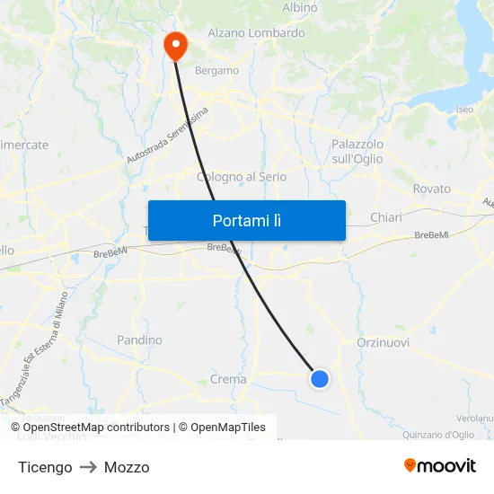 Ticengo to Mozzo map