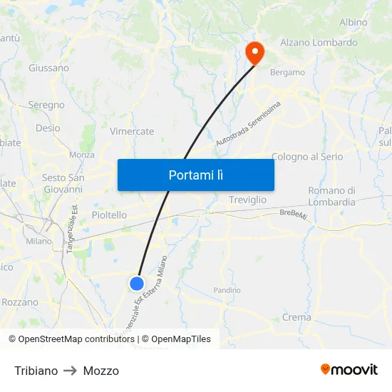 Tribiano to Mozzo map