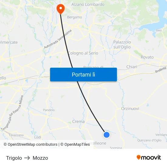 Trigolo to Mozzo map
