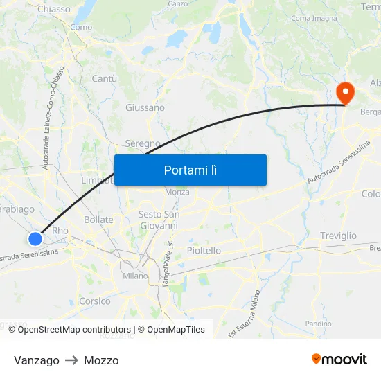 Vanzago to Mozzo map